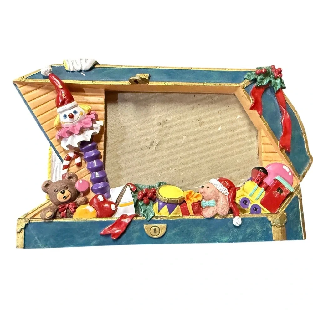 Christmas Toy Chest Picture Frame 3D Sculpted Resin Holiday Decor Clown Bear